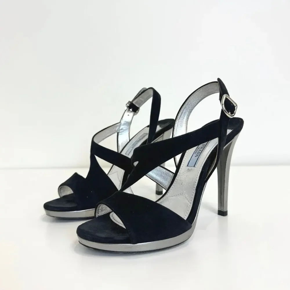 PRADA Black Suede Strappy Silver Buckle Heels 37 Stiletto Leather Sandal Shoes